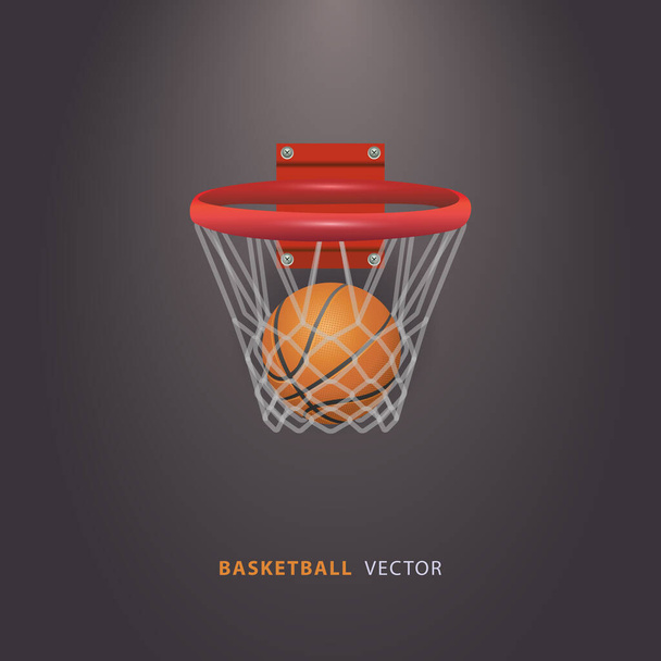 Ball voor basketbal en basketbal hoepel met net geïsoleerd op zwarte achtergrond. Vectorillustratie EPS10 - Vector, afbeelding