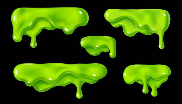 Green slime drop. Liquid paint sauce drip. 3d realistic vector illustration isolated on black background. Halloween design. Flowing melted toxic blob. Horizontal leaking border - Vector, Image