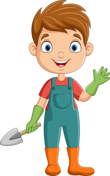 Vector illustration of Cute little gardener holding a shovel - Вектор,изображение