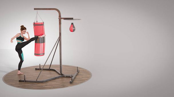 A woman in a fitness suit is kicking a sandbag in the gym. 3d illustration render - Фото, изображение