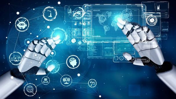 Futurystyczna sztuczna inteligencja robota oświecająca rozwój technologii AI i koncepcja uczenia maszynowego. Globalne badania nad robotyką dla przyszłości ludzkiego życia. Grafika renderowania 3D. - Zdjęcie, obraz