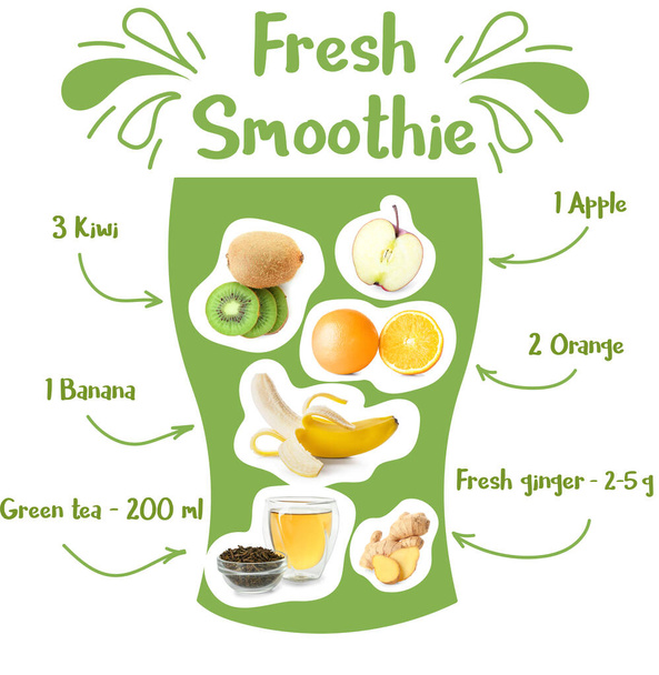 Verre dessiné avec des ingrédients pour smoothie frais sur fond blanc - Photo, image