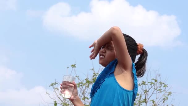 Una ragazza indiana che asciuga il sudore sotto il cielo, affrontando un eccessivo calore in estate - Filmati, video