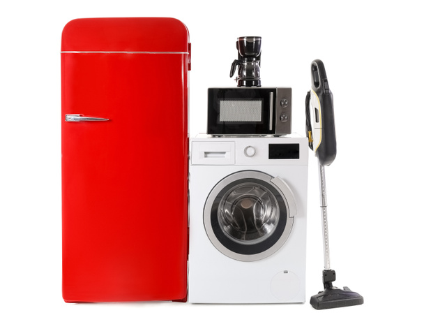 Modern household appliances on white background - Fotó, kép