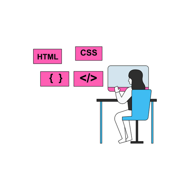 Девочка работает над Codings, HTML, CSS. - Вектор,изображение
