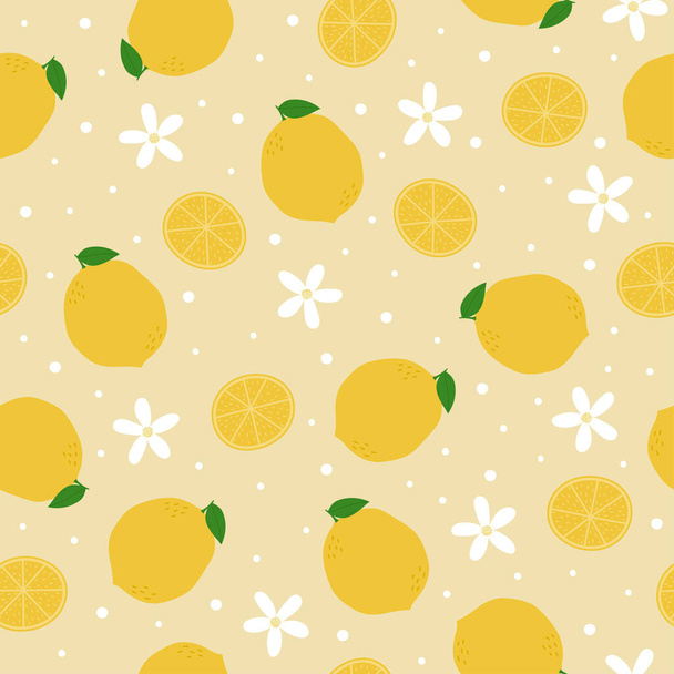 Лемон бесшовный шаблон. Целые лимоны, ломтики, листья и цветы на бежевом фоне - Вектор,изображение