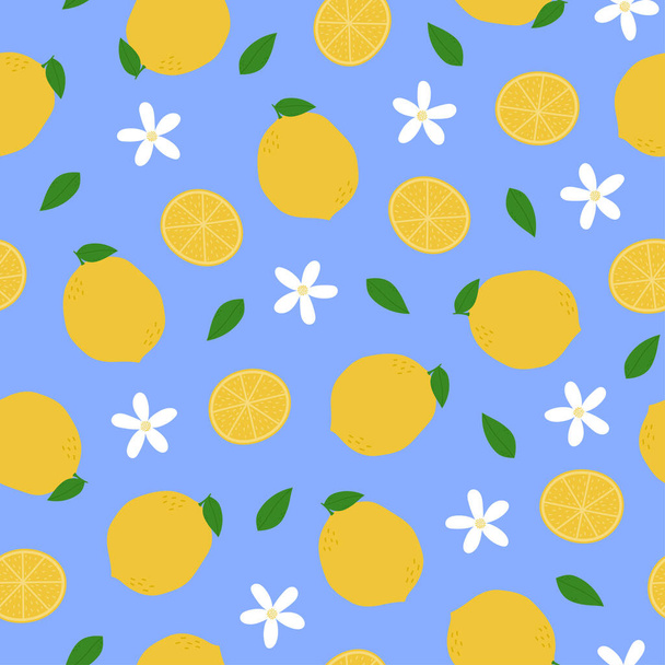 Zitronennahtloses Muster. Ganze Zitronen, Scheiben, Blätter und Blumen auf blauem Hintergrund - Vektor, Bild
