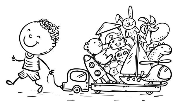 Coloring page of a child playing with toys - Vector, Image