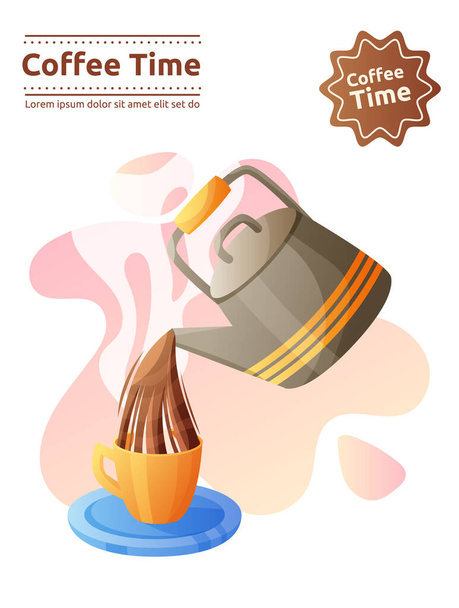 Kettle with tea or coffee and cup with little plate vector cartoon poster design. Coffee shop, coffee time, cafe, bar concept. Illustration for banner, flyer or advertising. - Vettoriali, immagini