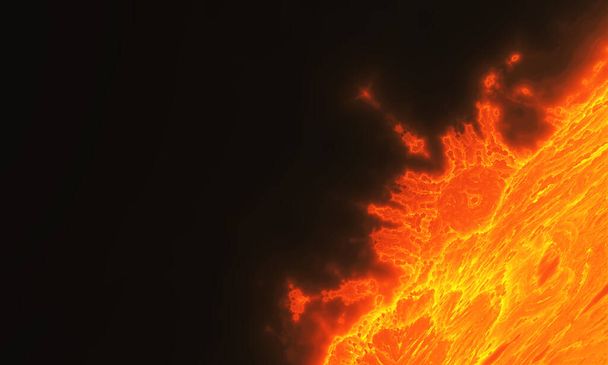 Solar prominences, an explosion of a volcanic eruption, on a black background. Horizontal - Foto, Bild