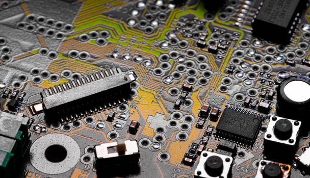 Macro Close up of printed wiring and components on PC circuit board	 - Фото, зображення