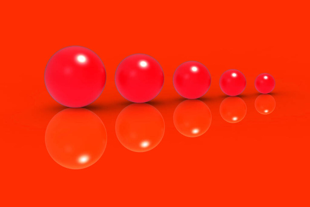 Cinco bolas de vidrio de diferentes tamaños de color rojo sobre fondo rojo. Crecimiento de algo. Progresos. Imagen horizontal. Imagen 3D. Renderizado 3D. - Foto, Imagen