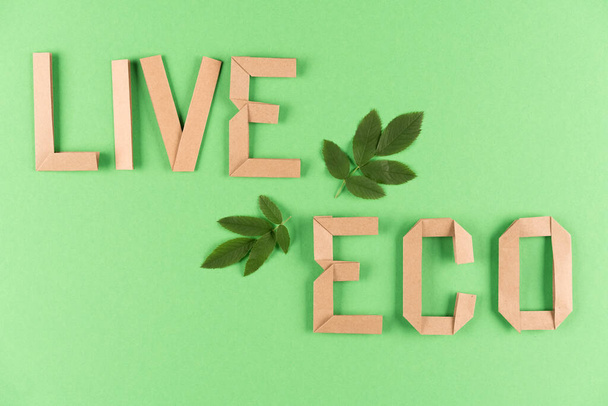 持続可能なライフスタイルとゼロ廃棄物の概念。テキストクラフト紙の文字で作られたLIVE ECO 、緑の背景に引用。倫理的消費主義。平敷 - 写真・画像