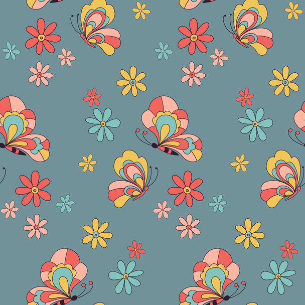 Retro 70s 60s Floral Hippie Summer Groovy Butterfly Flower Power Flower Child vector seamless pattern. Retro colours butterflies among flowers. - Vector, afbeelding