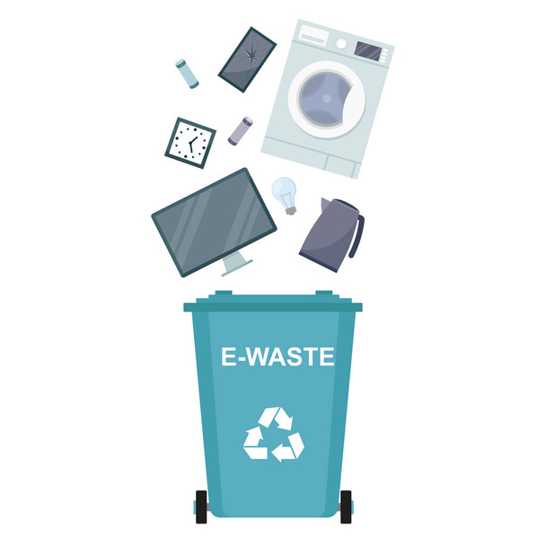 Papelera con residuos electrónicos, residuos electrónicos, reciclaje de basura, ilustración vectorial - Vector, Imagen