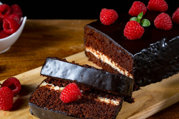 Chocolate cake with raspberries and coffee - Zdjęcie, obraz