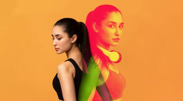 Attractive millennial brunette long-haired lady in sportswear posing on orange studio background, athletic lady using wireless headset while exercising, double exposure, collage, panorama, copy space - Photo, Image