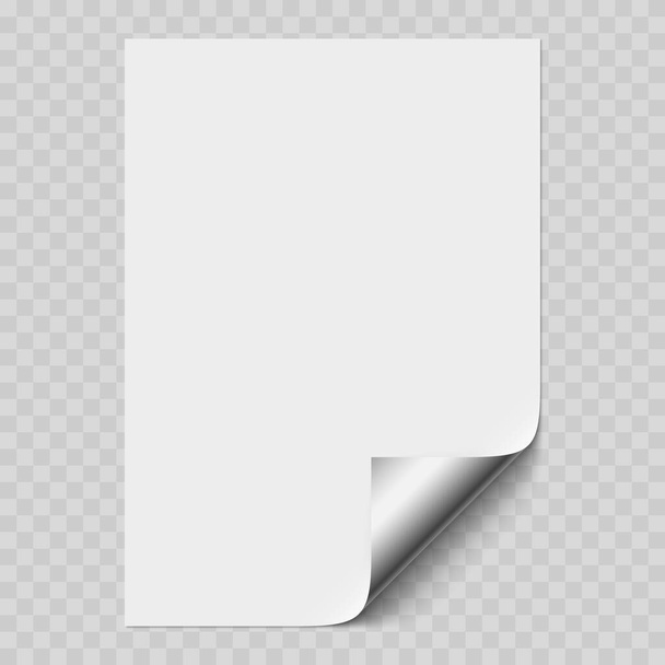 Vector white realistic paper page mockup with silver corner curled. Paper sheet folded with soft transparent shadows on light background. A4 page mock up. 3d illustration. Template for your design. - Vector, Image