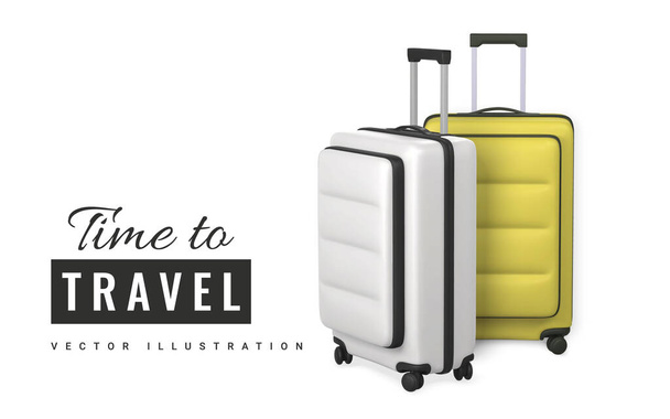 Time to travel promo banner design. 3D travel trolley bags. Realistic plastic suitcase. Tourism symbol isolated on white background. Vector illustration. - Vector, Image