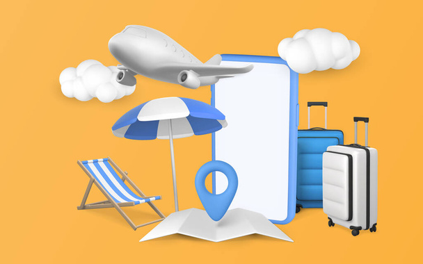Time to travel promo banner design. Summer 3d realistic render vector objects. Mobile phone, travel trolley bag, sun umbrella, beach chair and plane. Summer travel. Vector illustration. - Vector, Image