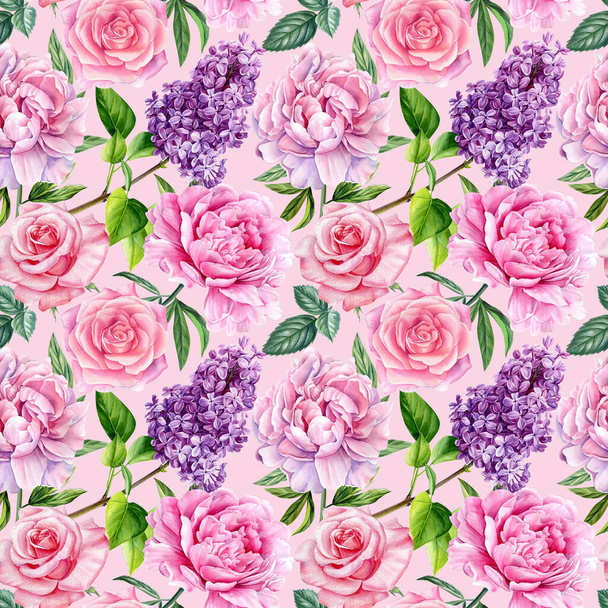 Naadloos patroon van pioenen, rozen en lila, boeket van zomerbloemen, aquarel illustratie, bloemen achtergrond. Hoge kwaliteit illustratie - Foto, afbeelding