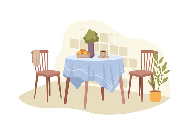 Design de interiores de cozinha, mesa de jantar e cadeiras, ambiente confortável em casa ou restaurante. Vaso e frutas, xícara de café de chá. Apartamento contemporâneo. Vetor em estilo plano ilustração - Vetor, Imagem