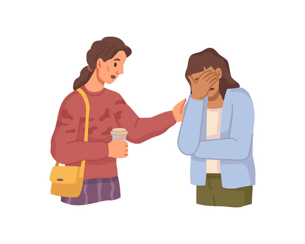 Worried and upset female personage crying because of bad news. Personal crisis or depression, talking to friend for comfort and feeling better. Flat cartoon character, vector illustration - Vector, Image