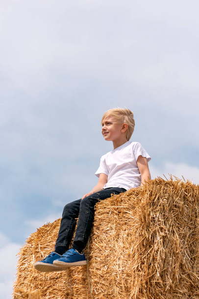 Szőke fiú farmerban és fehér pólóban ül a szénában, és a távolba néz. Gyermek portré a szénakazalban - Fotó, kép