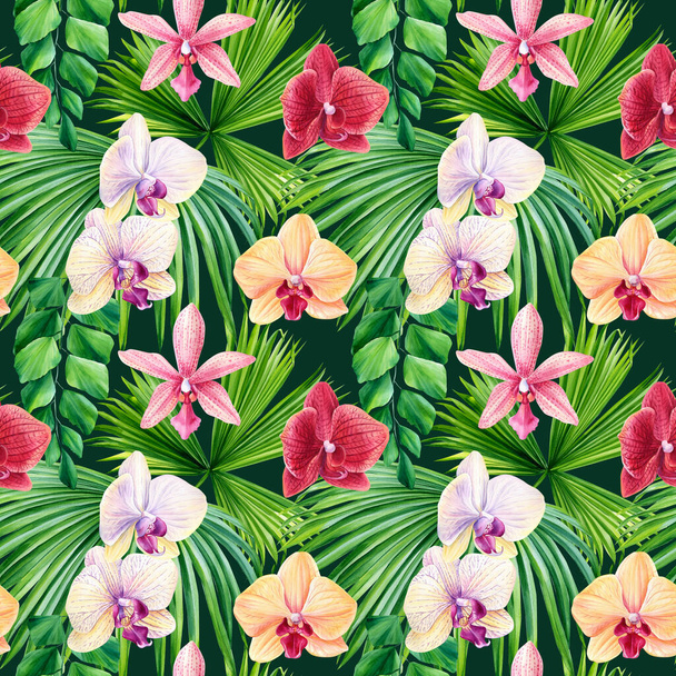 Patrón sin costuras. Flores de orquídeas tropicales y hojas de palma sobre fondo blanco. .. ilustración de alta calidad - Foto, imagen