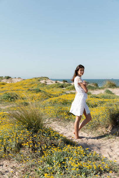 Žena v letních šatech při pohledu na kameru, zatímco stojí na pláži  - Fotografie, Obrázek