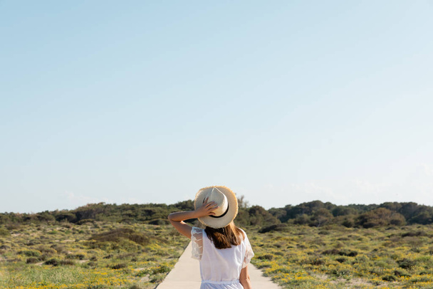 Back view of woman in dress holding straw hat on beach  - Фото, зображення