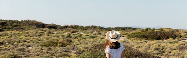 Vista posterior de la mujer joven en sombrero de paja de pie en la playa con hierba, pancarta  - Foto, imagen