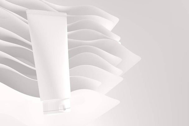 Tubo de creme branco com espaço de cópia em fundo abstrato branco, renderização 3D. Cuidados produtos design comercial modelo pronto, maquete cosmético-up - Foto, Imagem