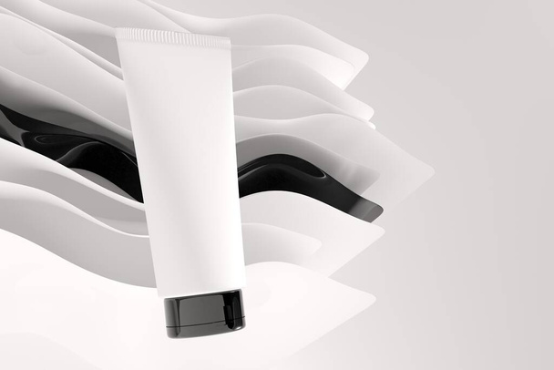 Tube crème blanc avec espace de copie sur fond abstrait blanc, rendu 3D. Modèle commercial de conception de produits de soins prêt, maquette cosmétique - Photo, image