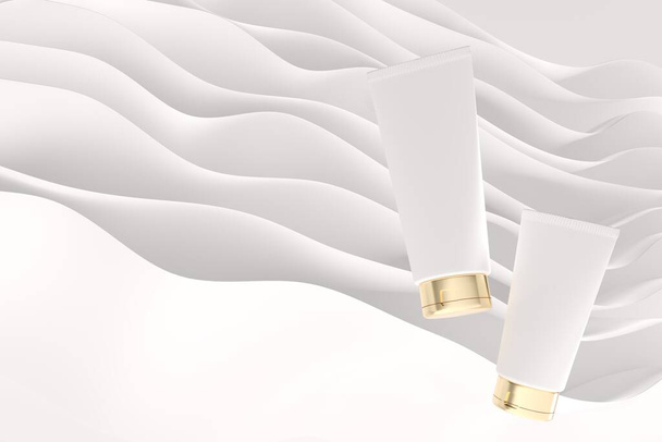 Weiße Cremetubus mit Kopierraum auf weißem abstrakten Hintergrund, 3D-Renderer. Pflegeprodukte kommerzielle Design-fertige Vorlage, kosmetische Mock-up - Foto, Bild