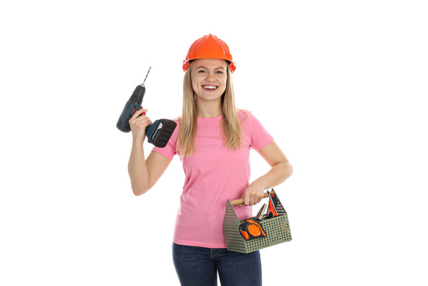 Concept of occupation, young woman builder isolated on white background - Photo, Image