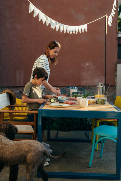 boy helps his mother to prepare food for barbecue in backyard - Fotoğraf, Görsel