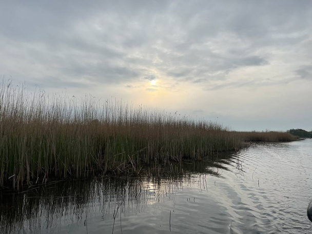 Beau paysage de chœur aube promenade en bateau au lever du soleil sur Hickling Large réserve naturelle dans Norfolk East Anglia uk avec le soleil brisant à travers les nuages se reflètent dans l'eau calme avec roseaux - Photo, image