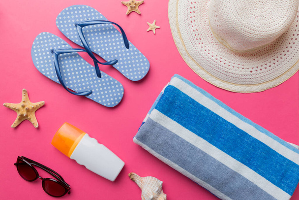 Summer vacation concept flat lay. beach accessories and towel top view. Space for text. travel concept. - Photo, image