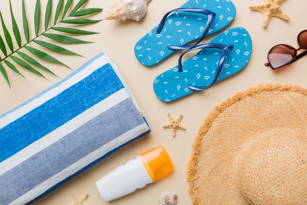 Summer vacation concept flat lay. beach accessories and towel top view. Space for text. travel concept. - Фото, зображення