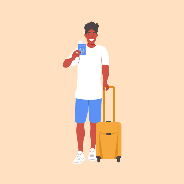 Un uomo, un nero con una valigia. Bagagli da viaggio. Isolato su sfondo bianco. Illustrazione vettoriale. - Vettoriali, immagini