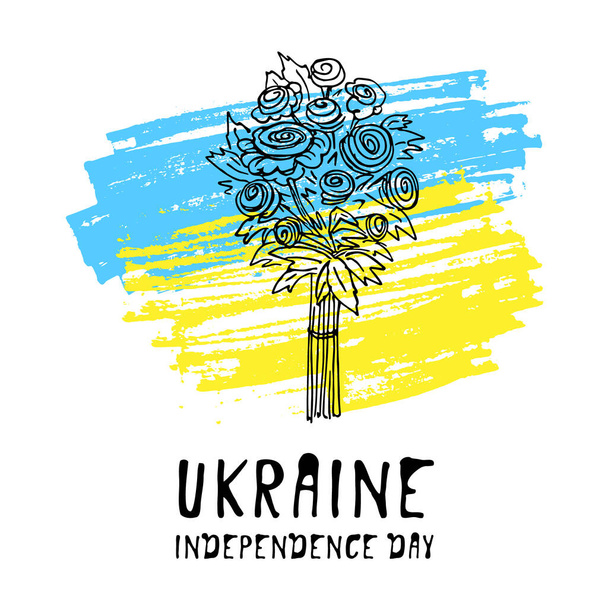 Doodle flores con fondos de bandera de Ucrania, símbolo de la paz y la libertad. Fondo azul-amarillo nacional para el día de la independencia. Pincel pintado grunge fondo de pantalla, bandera. Aislado. Vecor. - Vector, imagen