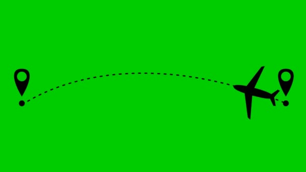 Animated black the plane flies along a trajectory. Concept of airplane travel. Airplane flies from one place to another. Looped video. Vector illustration isolated on a green background. - Footage, Video