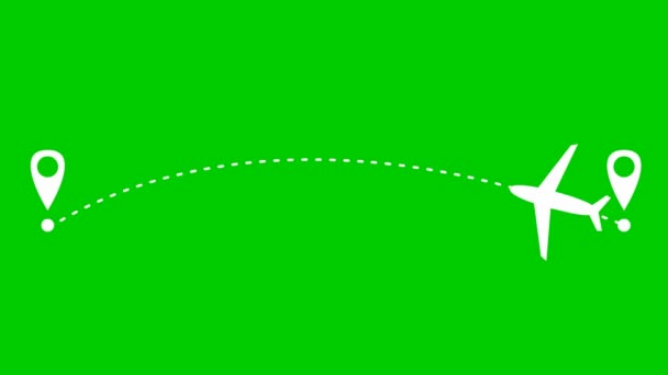 Animiert weiß fliegt das Flugzeug eine Flugbahn entlang. Konzept der Flugreisen. Flugzeuge fliegen von einem Ort zum anderen. Video in Schleife. Vektor-Illustration isoliert auf grünem Hintergrund. - Filmmaterial, Video