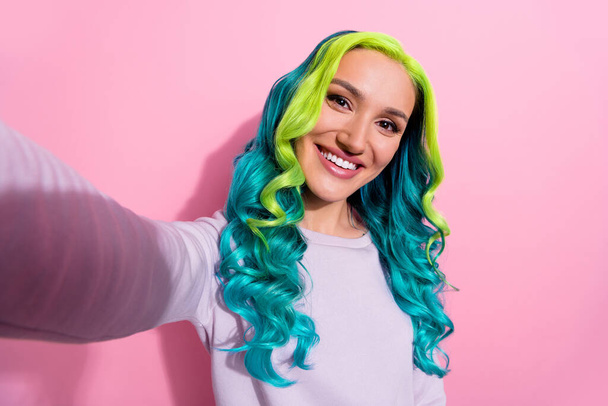 Photo of young stunning lady with vibrant hair take selfie shooting lifestyle video vlog isolated on pink color background. - Fotografie, Obrázek
