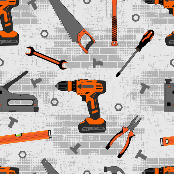 seamless pattern for boys with building tools on bricks and grunge texture. - Vector, Image