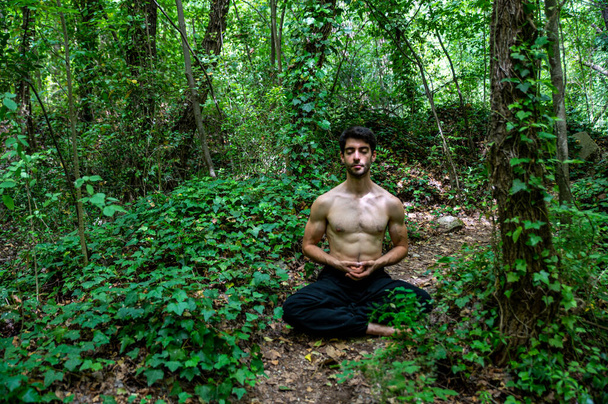 boy doing yoga in the woods bareback in tranquility - Фото, изображение