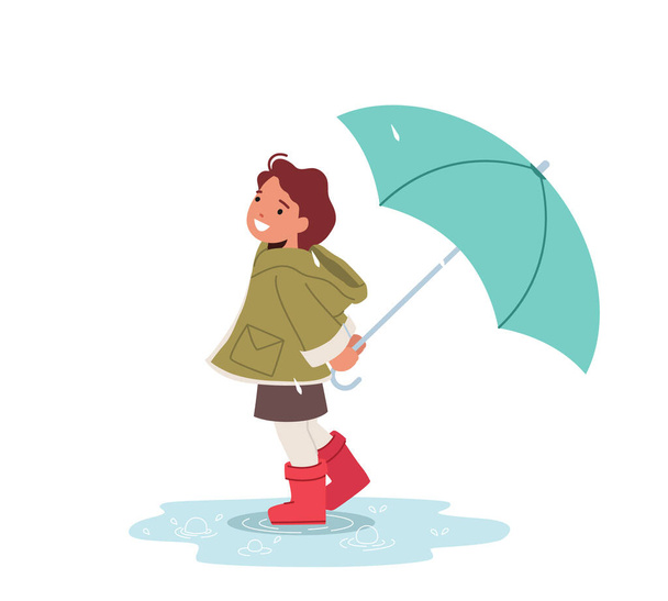 Glückliches kleines Mädchen mit Regenschirm auf der Straße. Kleine Babyfigur in Gummistiefeln steht in einer Pfütze. Fröhlich lächelndes Kind bei Herbst- oder Frühlingswetter. Cartoon People Vektor Illustration - Vektor, Bild