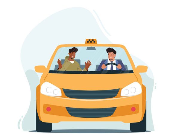 タクシードライバーとクライアントタクシーサロンフロントビュー。乗客と話す男の運転車。タクシータクシーのキャラクター。自動車運転士、交通サービス。漫画人ベクトルイラスト - ベクター画像