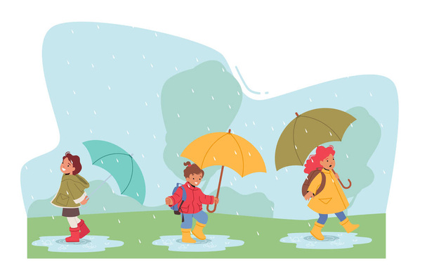 Happy Kids Run sous parapluie, personnages de bébés garçons et filles marchant par temps pluvieux, sauter et courir par flaques d'eau dans le parc à l'automne ou au printemps saison. Illustration vectorielle des personnages de bande dessinée - Vecteur, image